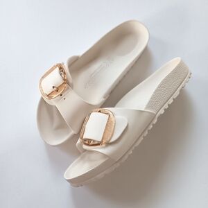 Birkenstock White Sandals with Gold Buckle